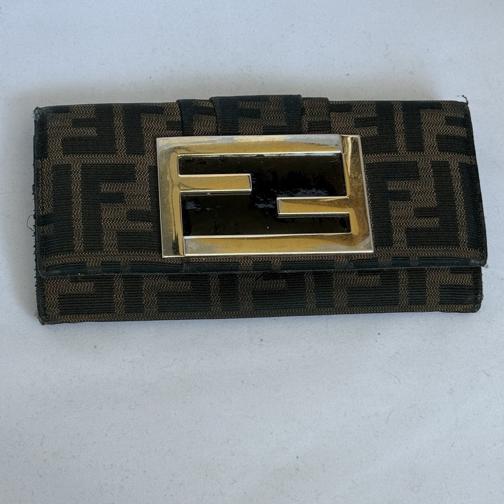 Fendi Zucca Continental Long Wallet Black Brown Canvas Gold‎ Tone Buckle